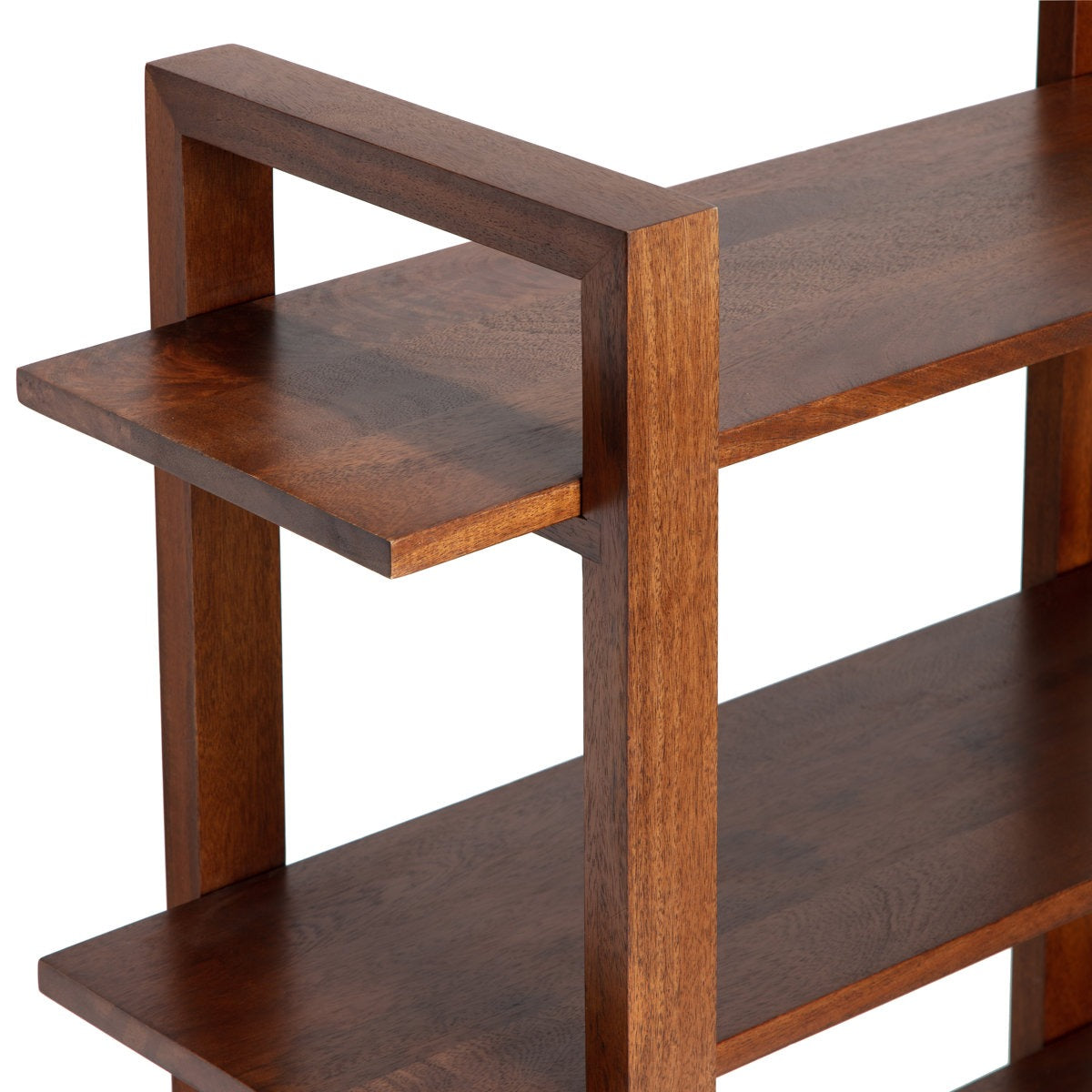 Wooden shelf with a dark brown finish on a white background