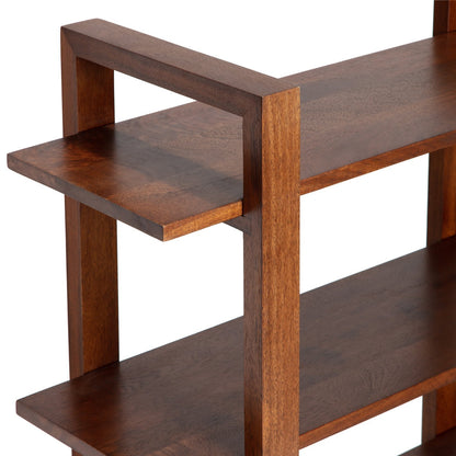 Wooden shelf with a dark brown finish on a white background