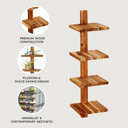 Wooden shelf with four shelves on a light gray background, featuring text about construction and design.
