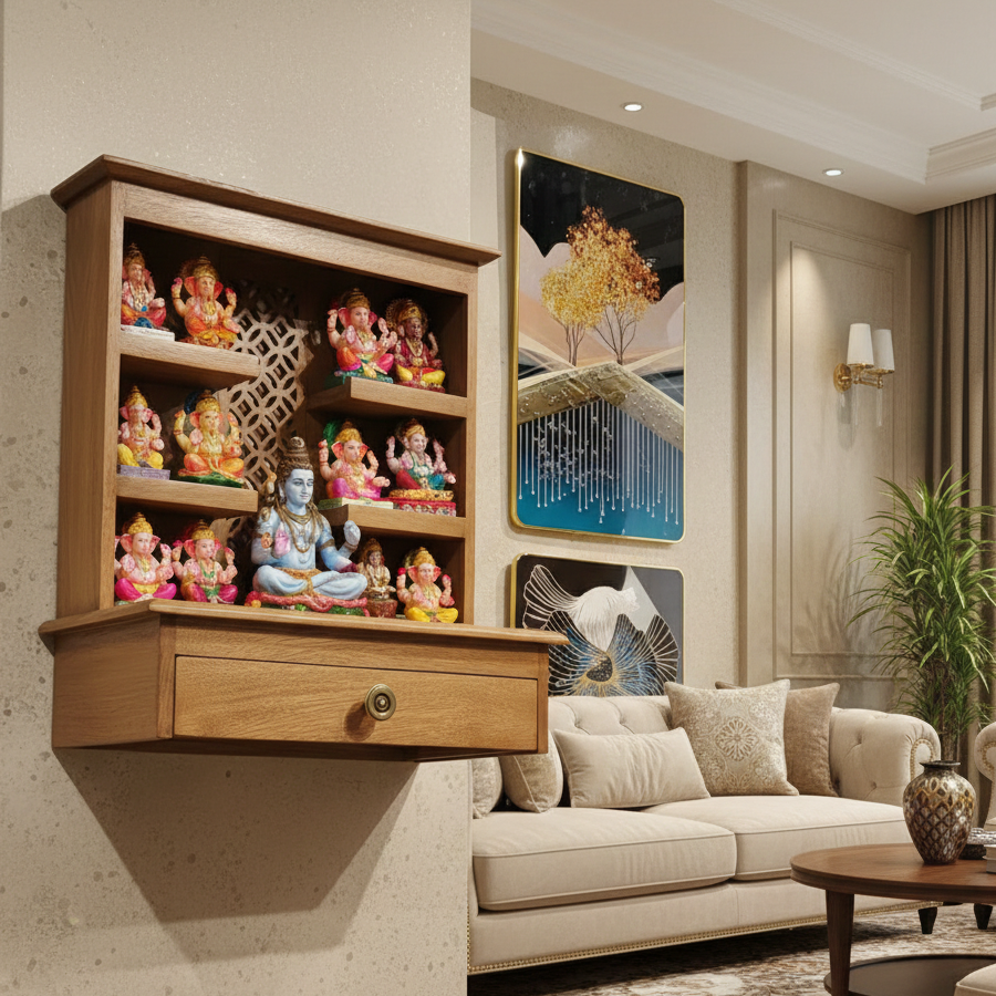 Wooden shelf with religious figurines in a living room setting