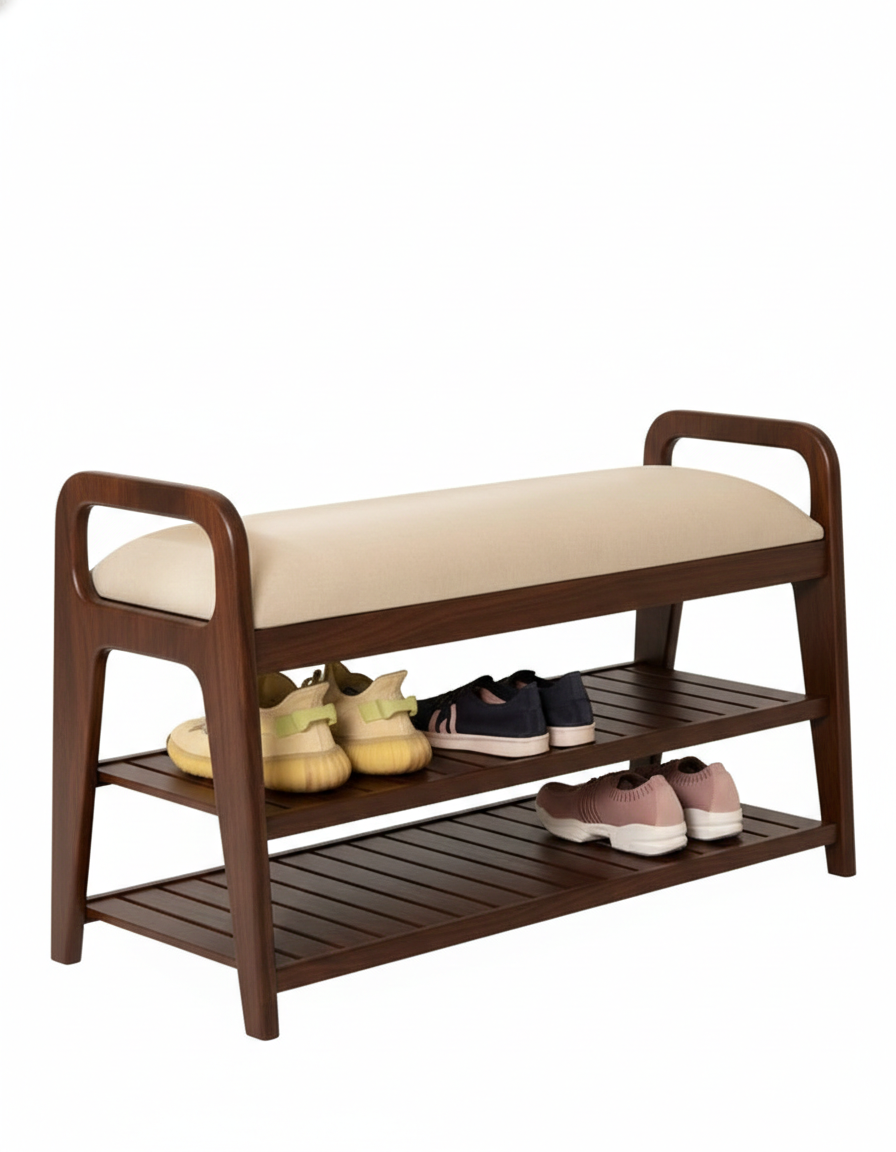 Wooden shoe bench with cushioned seat and shoe storage shelves on a white background