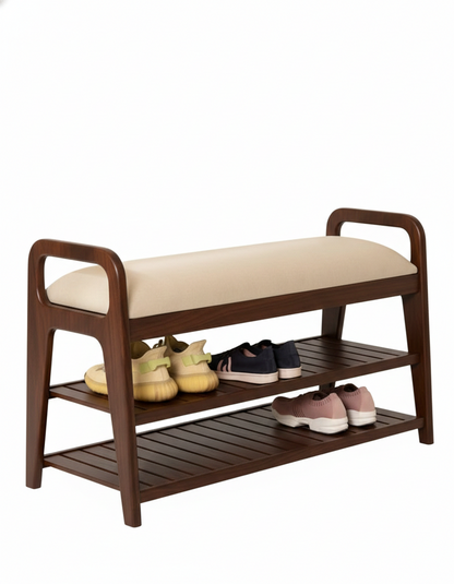Wooden shoe bench with cushioned seat and shoe storage shelves on a white background