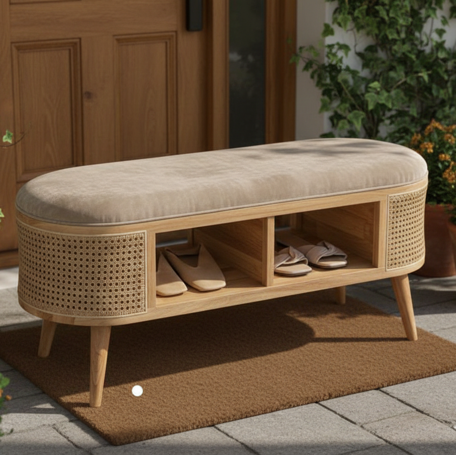 Wooden shoe bench with cushioned top and open storage compartments outdoors.