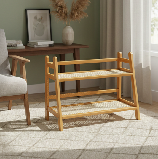 Wooden shoe rack in a room with a desk and chair.