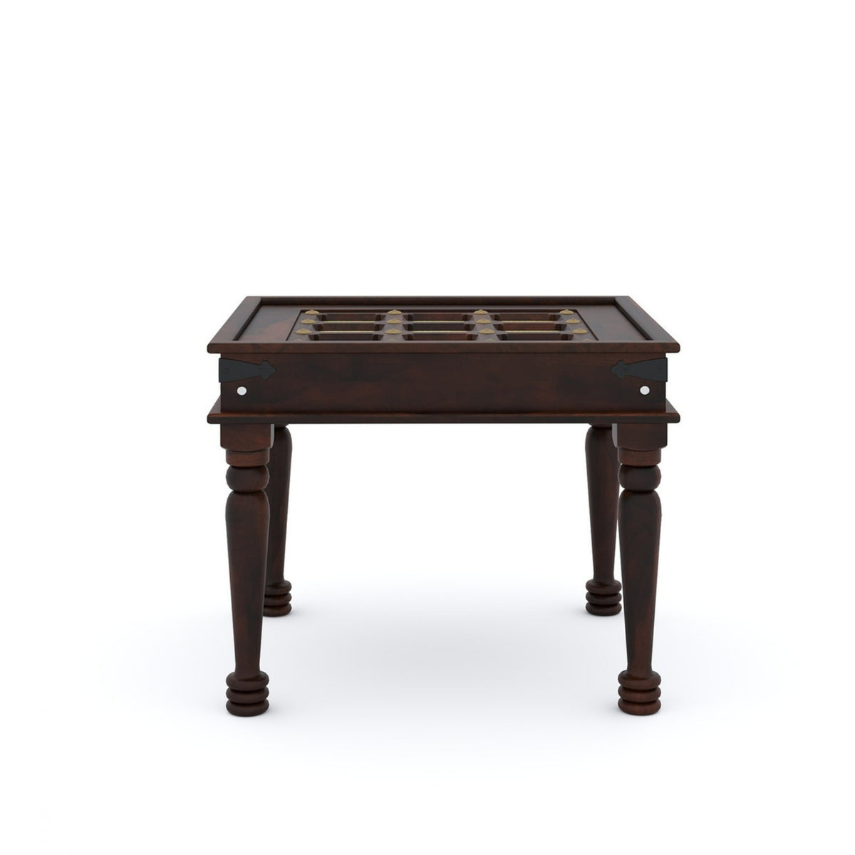 Wooden side table with a checkered surface on a white background