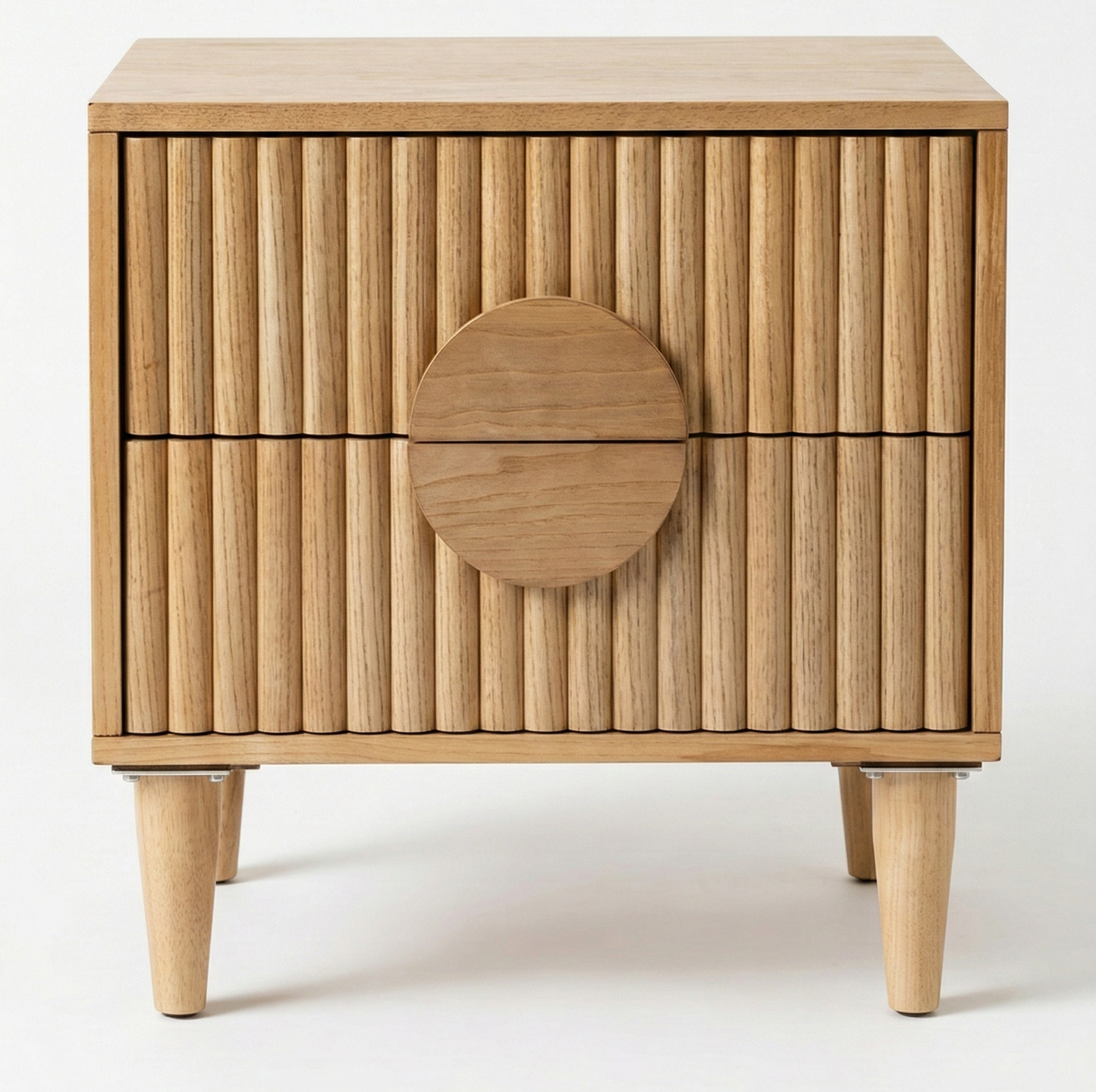Wooden side table with a circular design on a white background