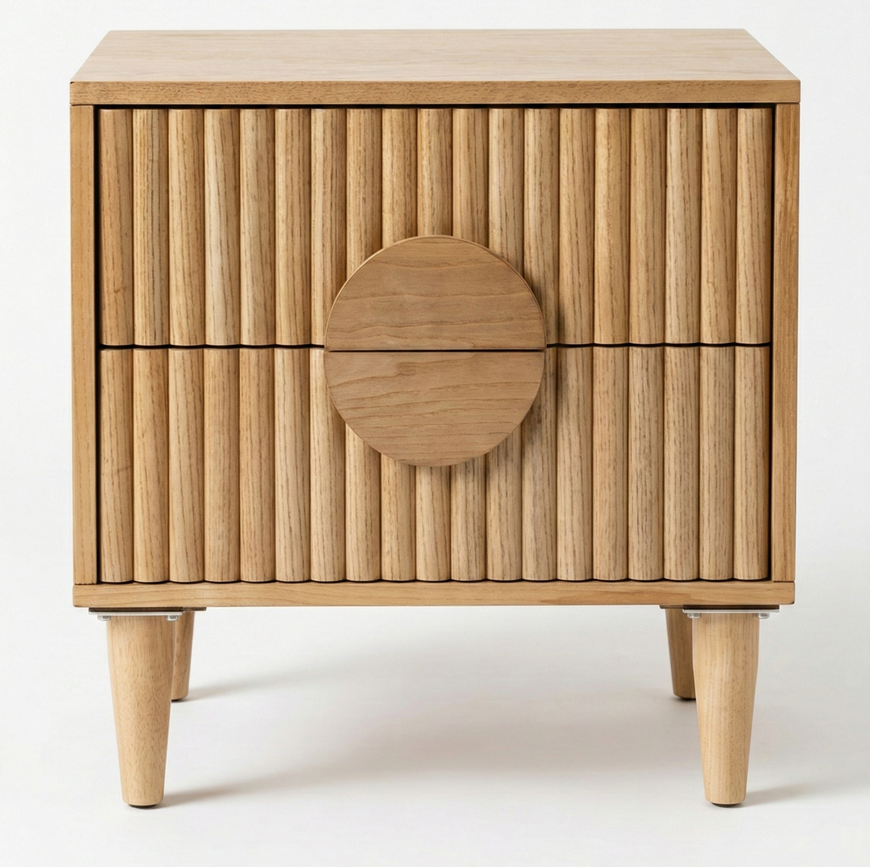 Wooden side table with a circular design on a white background