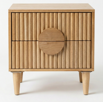 Wooden side table with a circular design on a white background