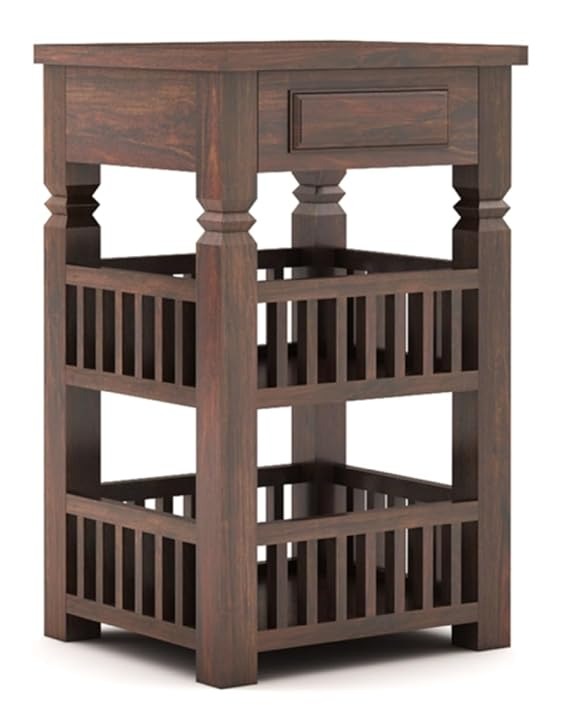 Wooden side table with a drawer and open shelves on a white background