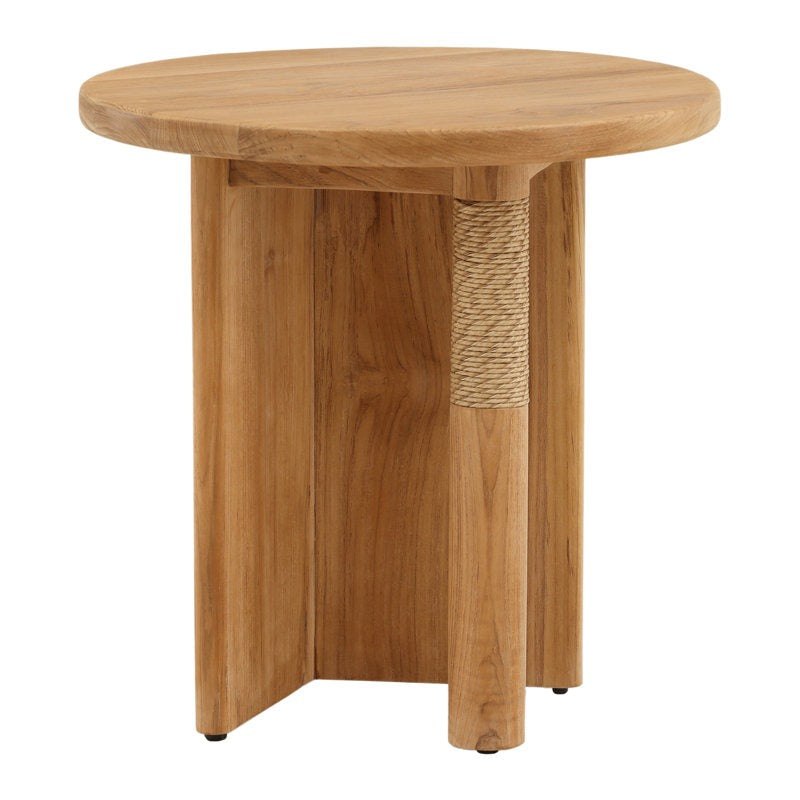 Wooden side table with a rope-wrapped column on a white background