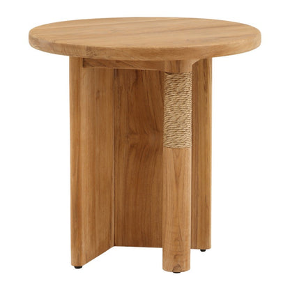 Wooden side table with a rope-wrapped column on a white background
