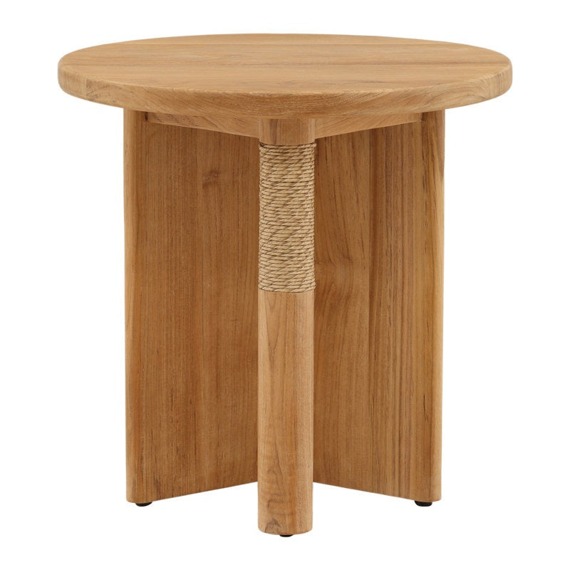 Wooden side table with a rope accent on a white background