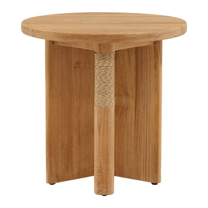 Wooden side table with a rope accent on a white background
