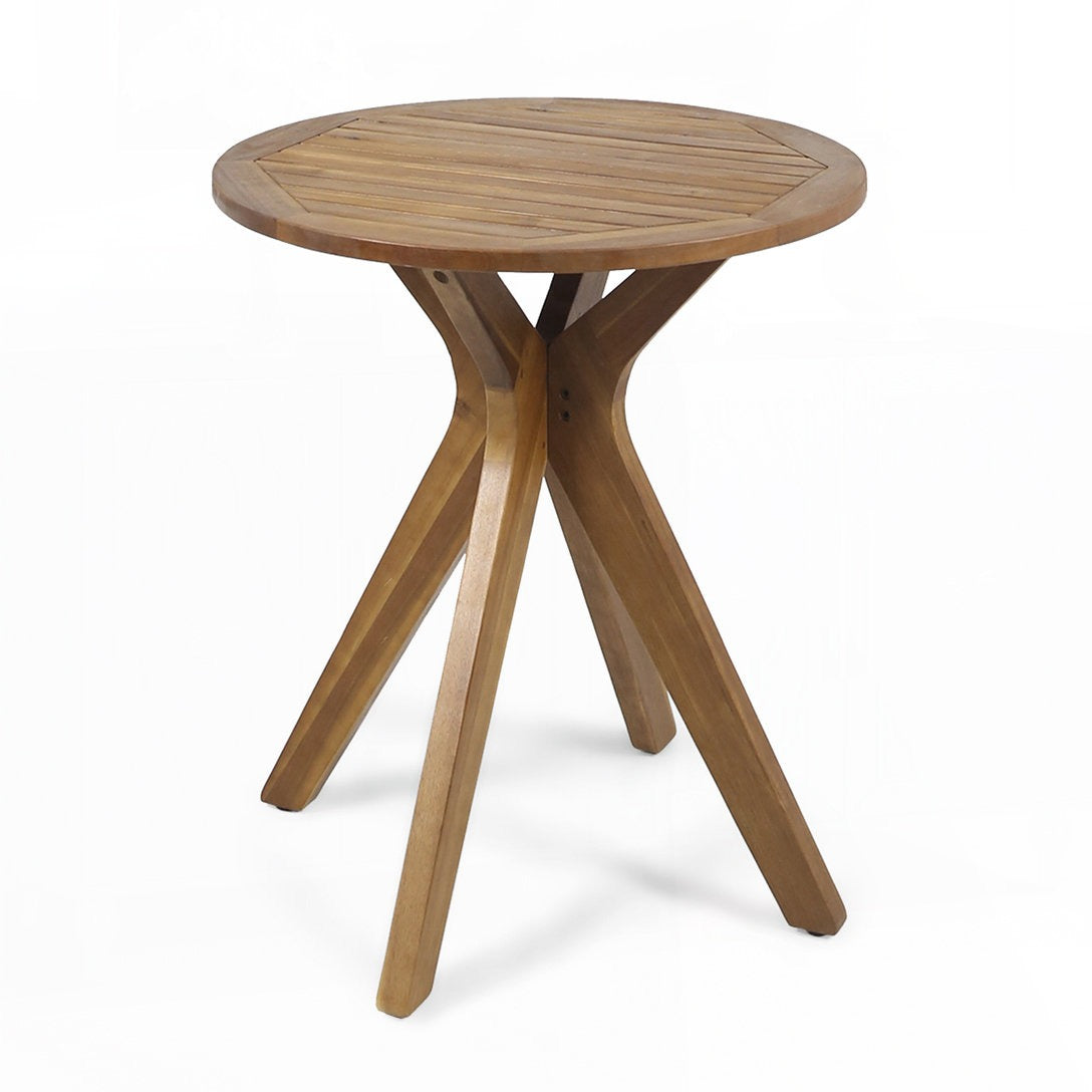 Wooden side table with a round top and four legs on a white background