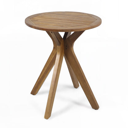 Wooden side table with a round top and four legs on a white background