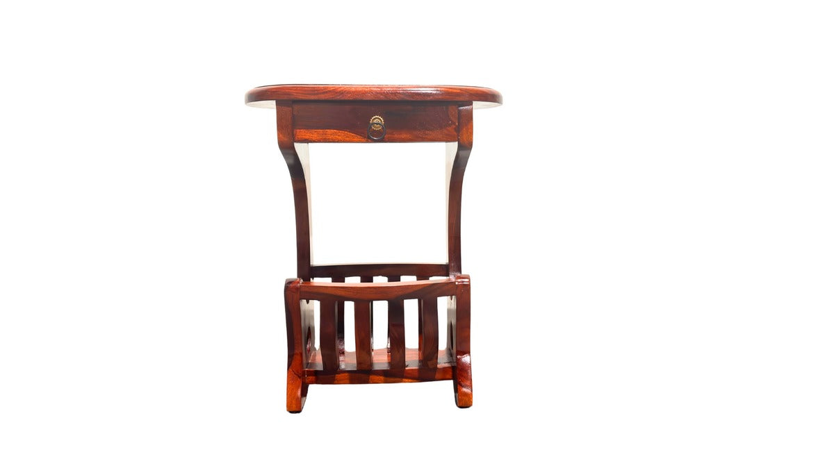 Wooden side table with a drawer on a white background