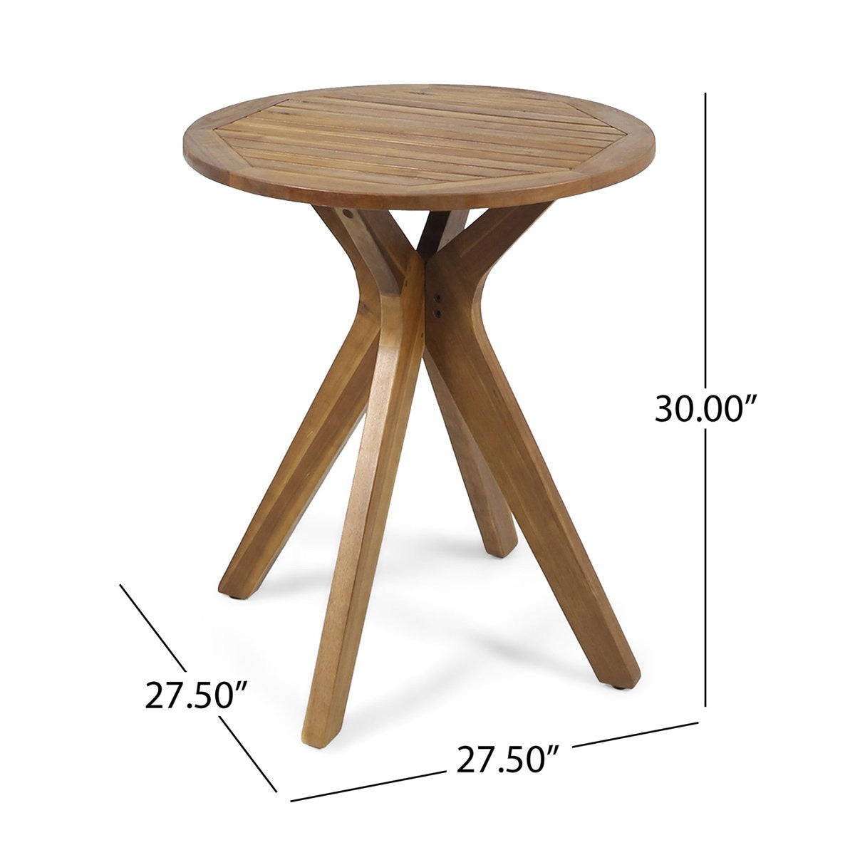 Wooden side table with dimensions on a white background