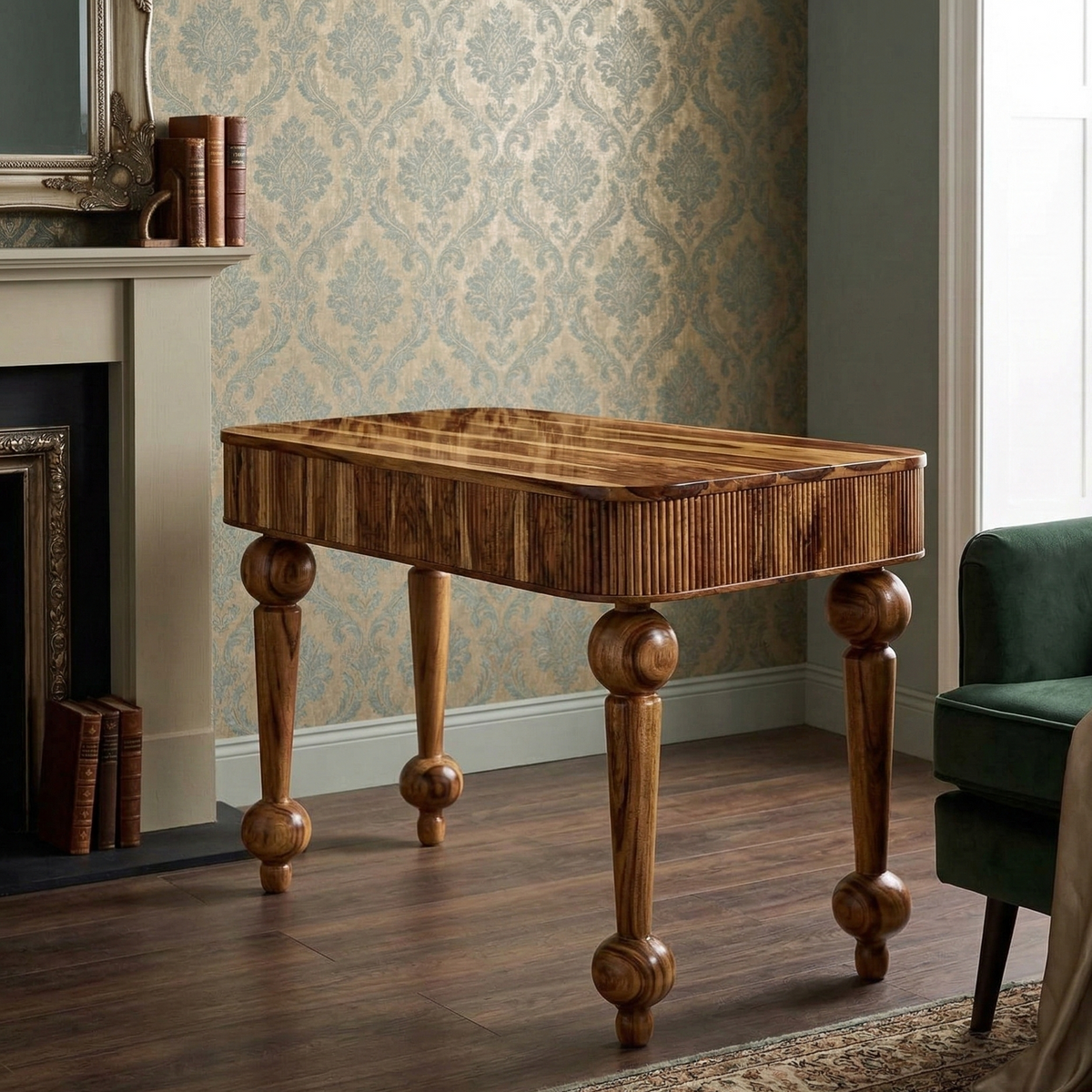 Wooden side table in a room with patterned wallpaper and a green sofa.
