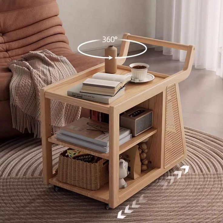 Wooden side table with shelves in a living room setting