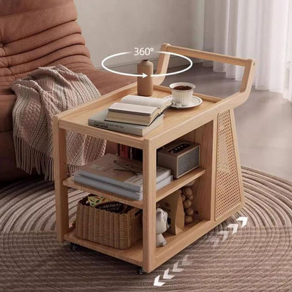 Wooden side table with shelves in a living room setting