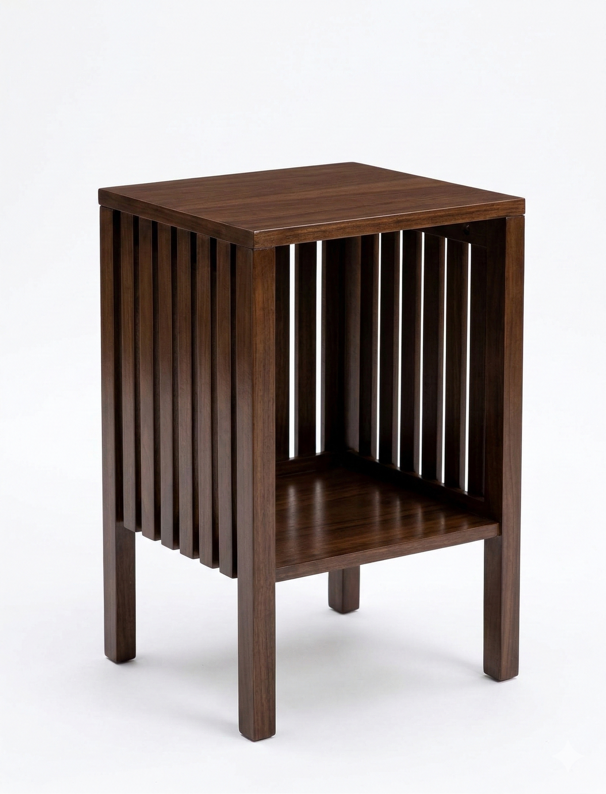 Wooden side table with slatted design on a white background