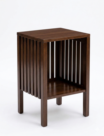 Wooden side table with slatted design on a white background