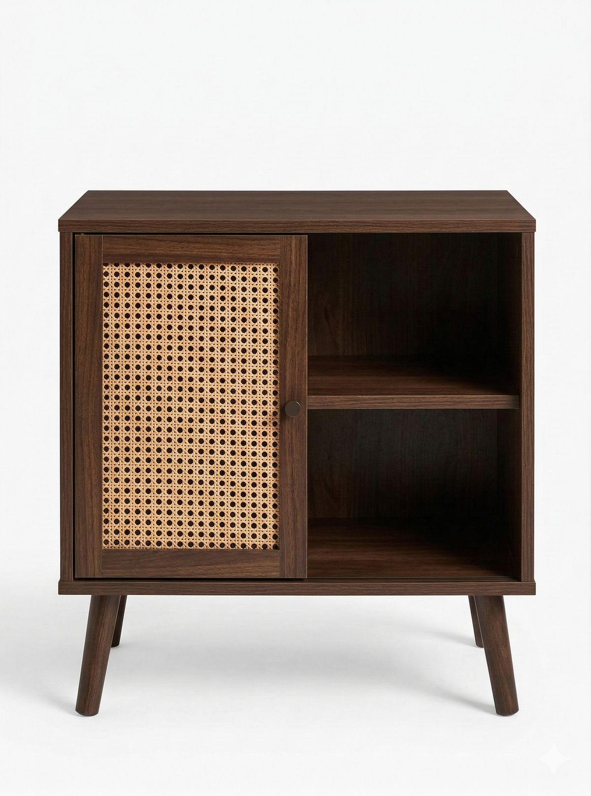 Wooden side table with wicker door on a white background