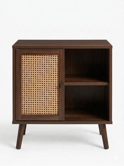 Wooden side table with wicker door on a white background