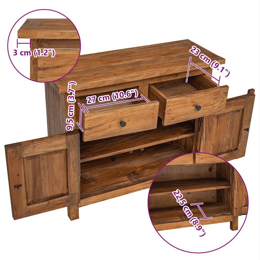 Wooden sideboard with dimensions indicated on a white background
