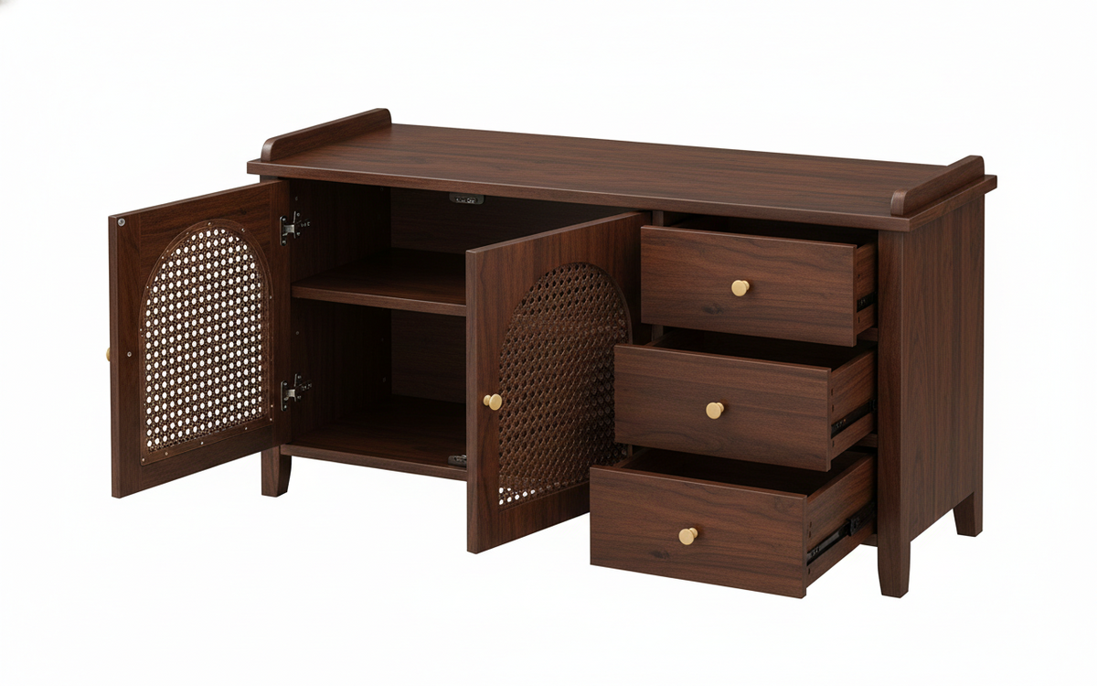 Wooden sideboard with open cabinet and drawers on a white background