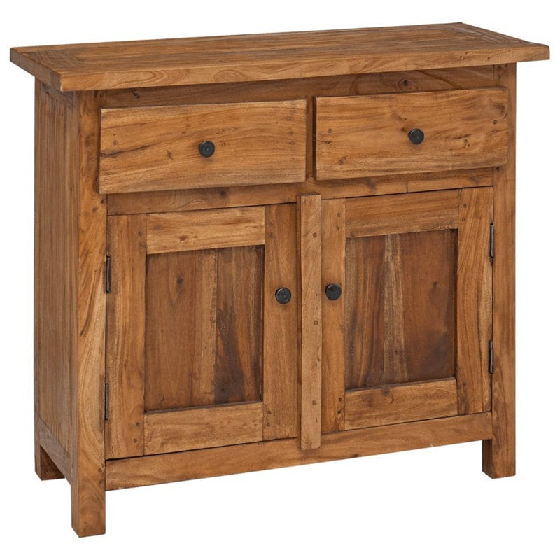 Wooden sideboard with two drawers and two doors on a white background