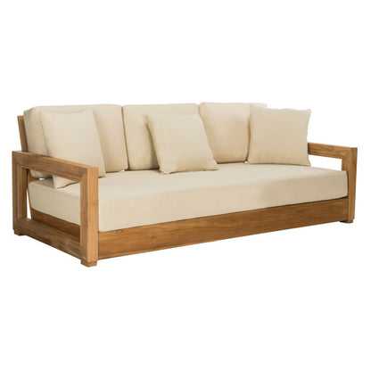 Wooden sofa with beige cushions on a white background