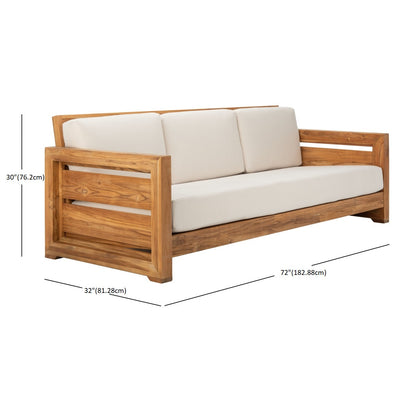 Wooden sofa with beige cushions and dimensions on a white background