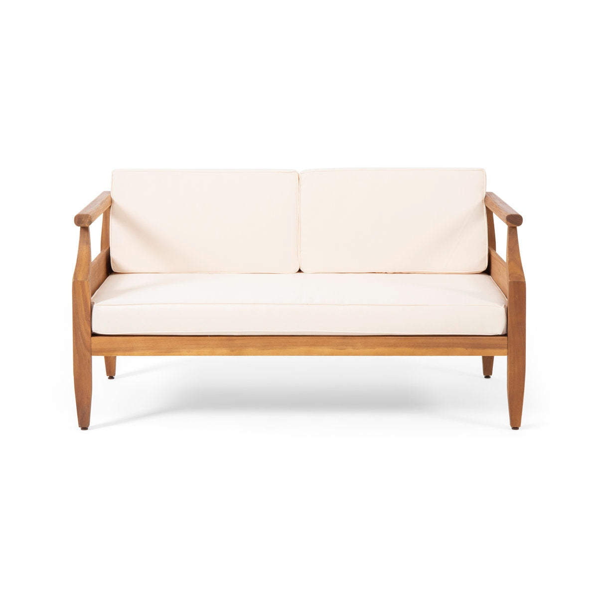Wooden sofa with white cushions on a white background