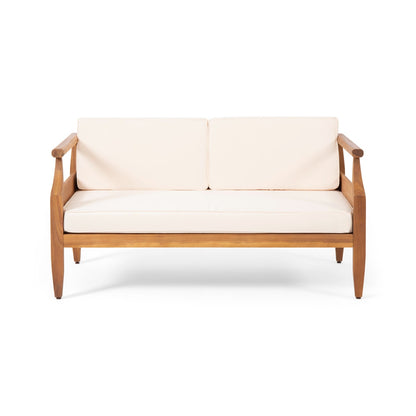 Wooden sofa with white cushions on a white background