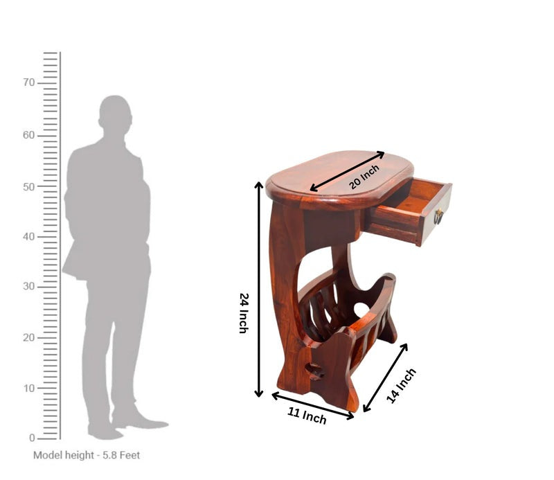 Wooden stool with dimensions labeled, shown next to a human silhouette for scale.