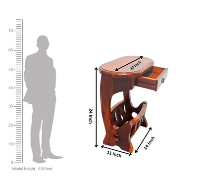 Wooden stool with dimensions labeled, shown next to a human silhouette for scale.