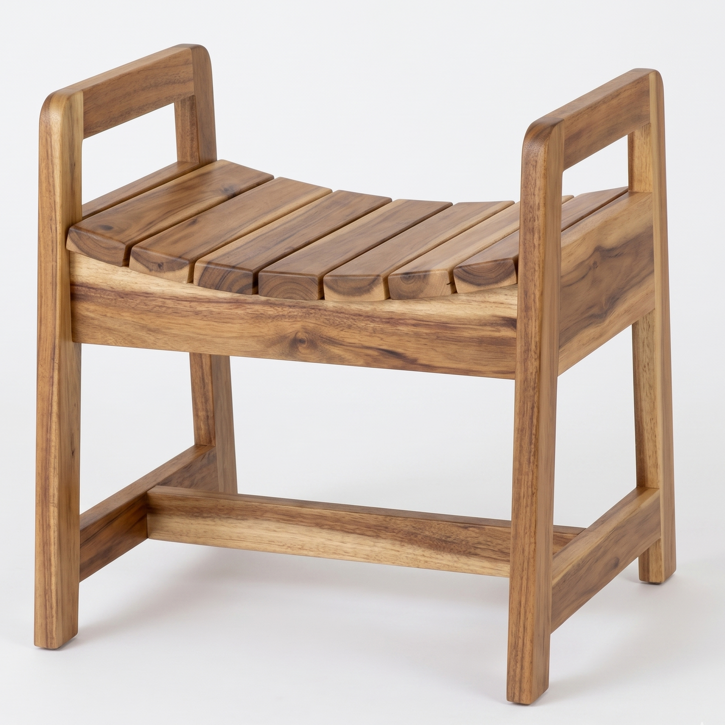 Wooden stool with slatted seat and armrests on a white background