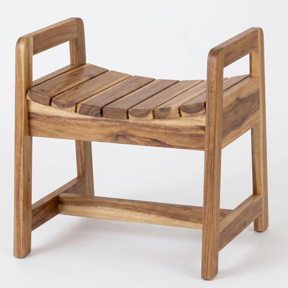 Wooden stool with slatted seat and armrests on a white background