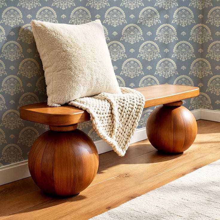 Wooden stool with a cushion and blanket against a patterned wall.