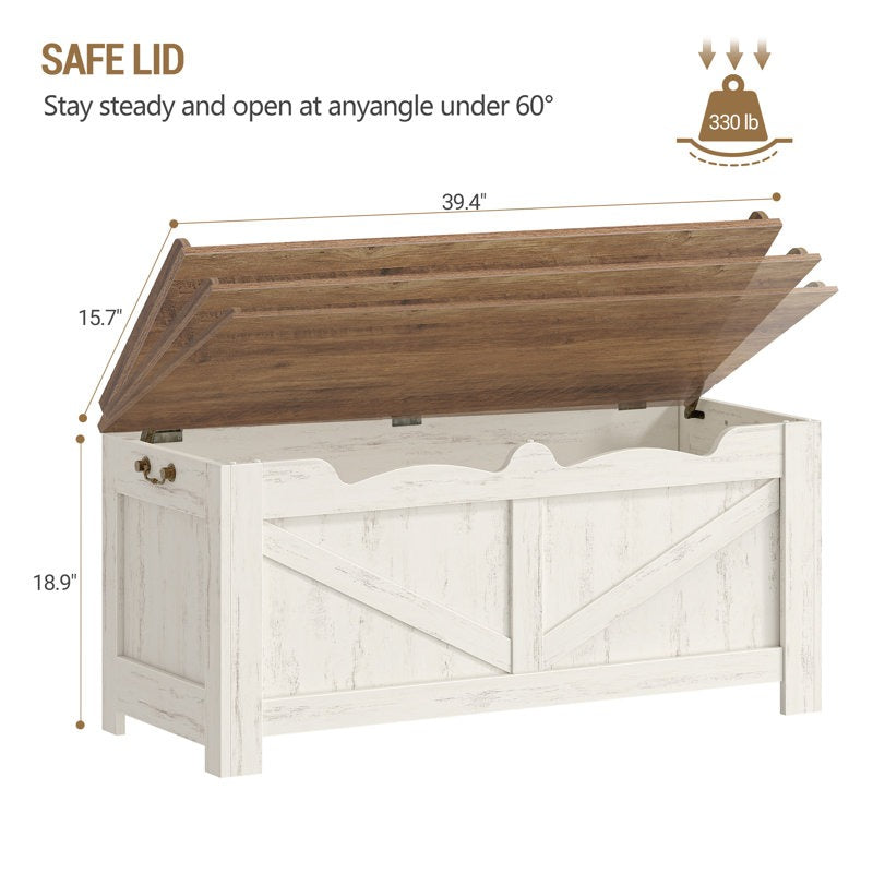 Wooden storage bench with open lid showing safe lid feature and dimensions on a white background