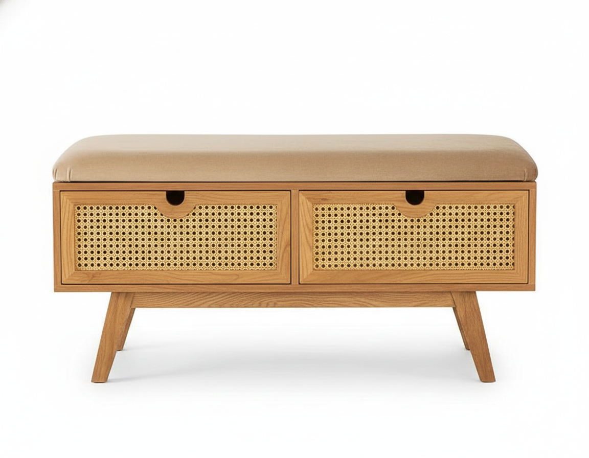 Wooden bench with rattan drawers on a white background