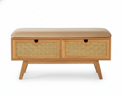 Wooden bench with rattan drawers on a white background