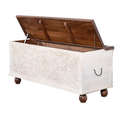 Wooden storage bench with white painted body and brown wooden lid on a white background