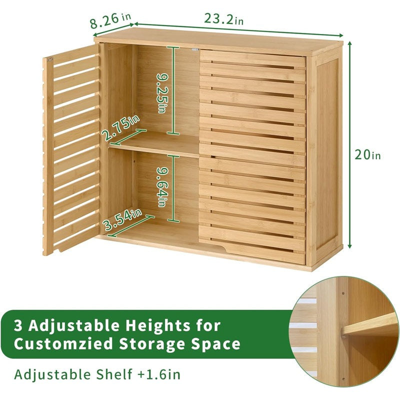 Wooden storage cabinet with adjustable shelves and dimensions on a white background