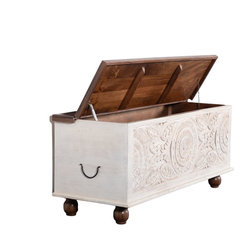Wooden storage chest with decorative carvings and a wooden lid on a white background