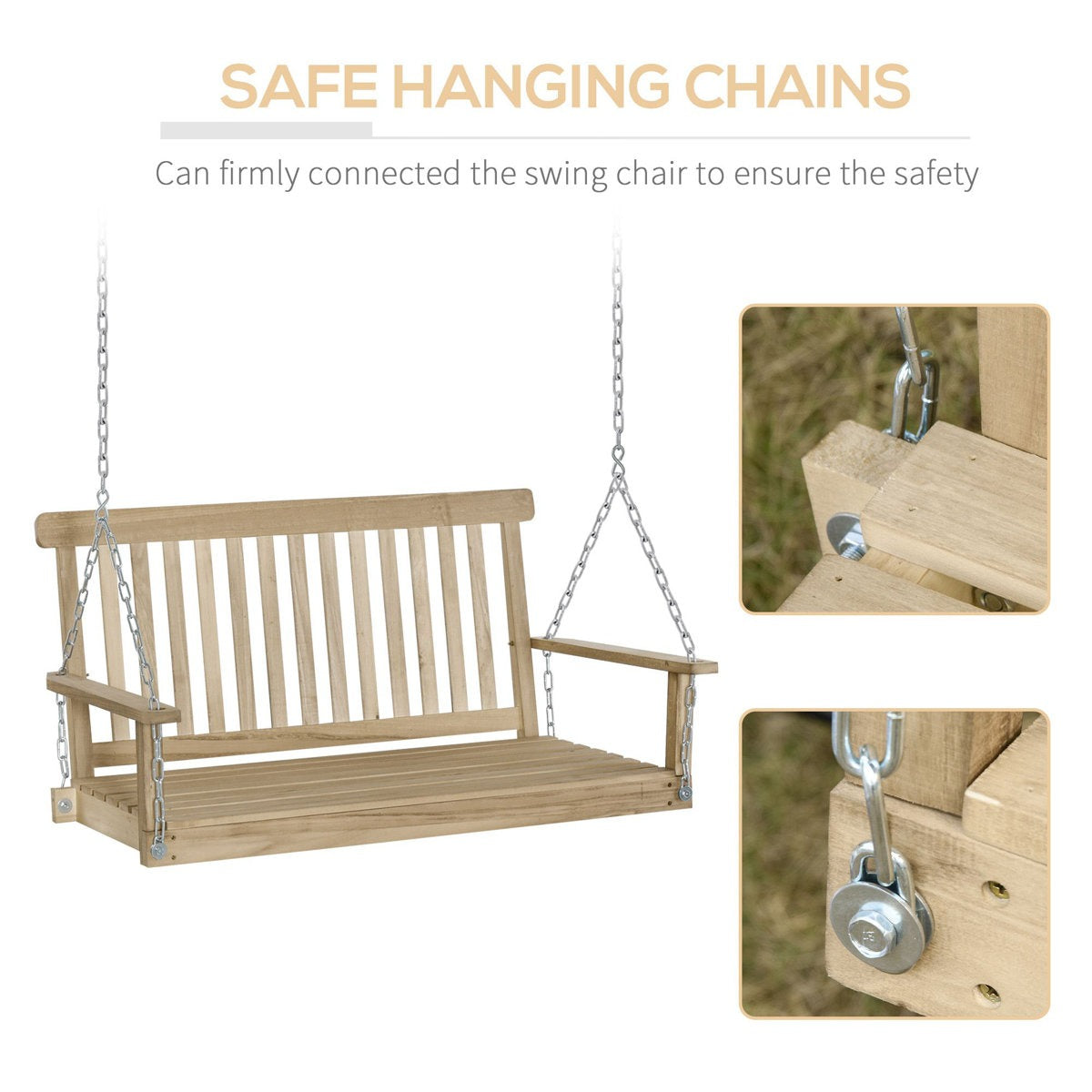 Wooden swing chair with safe hanging chains on a white background