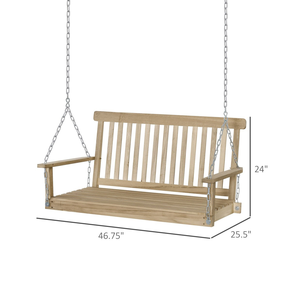 Wooden swing with chains on a white background, showing dimensions.