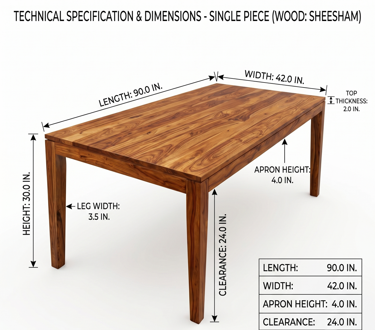Wooden table with dimensions labeled on a white background