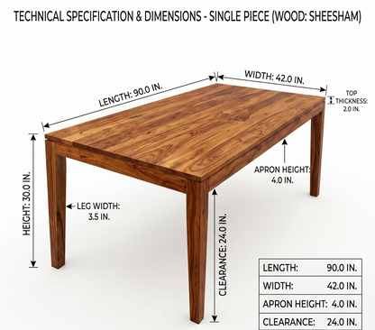 Wooden table with dimensions labeled on a white background